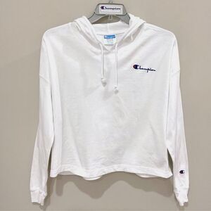 Champion White Hooded Tee Shirt Long Sleeve Cropped T-Shirt Sz Med
